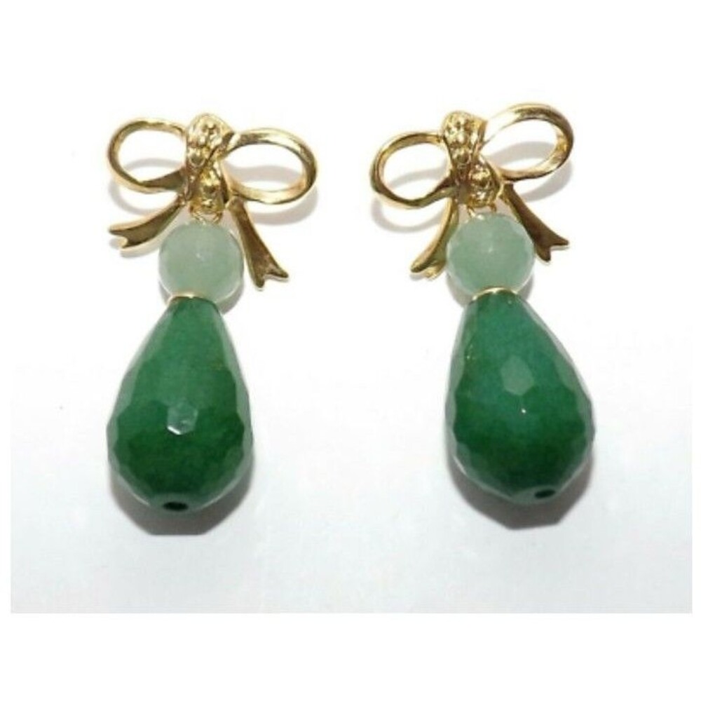 Vintage Facet Jade Green Stone Gold Plated Dangle Pierced Earrings